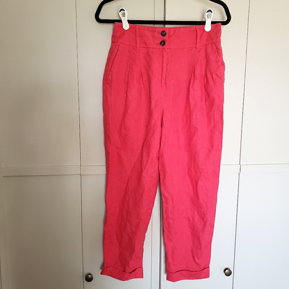 Boden Fuschia‎ Pink Linen Straight Leg Trousers 4 PETITE